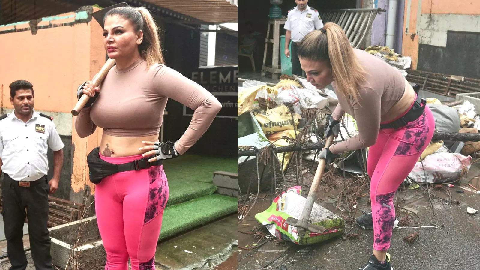 Rakhi Sawant cleans Mumbai road post rains, helps elderly couple find auto | Hindi Movie News – Bollywood